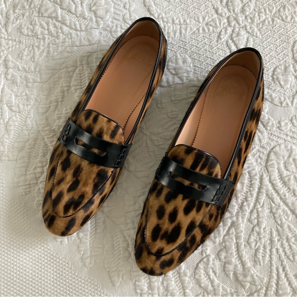 J.Crew Academy Calf Hair Leopard Loafers slip on classic women’s 8